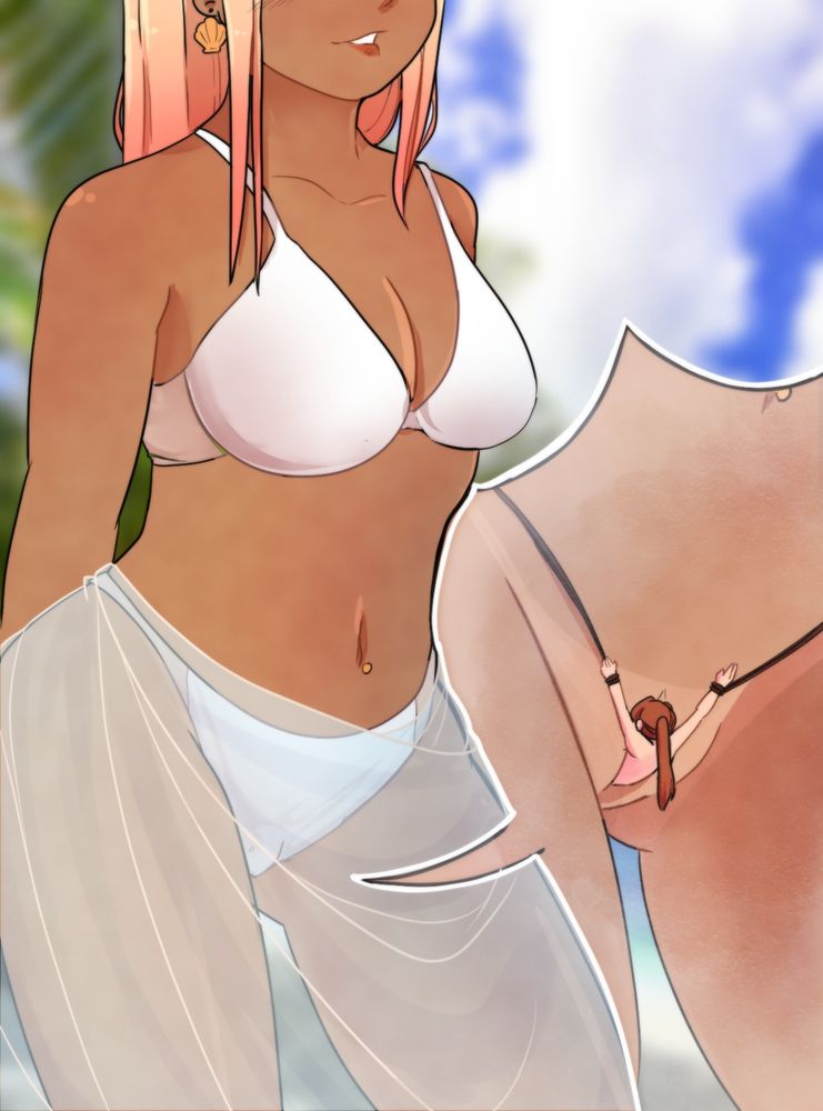 A beach-blonde woman is standing at the beach with a white bikini on and a light, see-through cover up wrapped around her waist. Underneath the bottom piece is a tiny woman strapped by a few thin ropes against her lips. 
