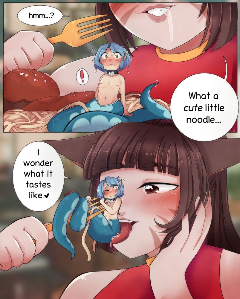 Commission Comic: 
Panel One: 
"hmm...? What a cute little noodle..."
A giant hovers over a tiny lamia sitting in a plate of spaghetti with fork in hand. 
Panel Two: 
"I wonder what it tastes like <3"
The giant has the lamia tiny swirled into a fork and has the tiny nestled into her tongue, tasting the near.  
