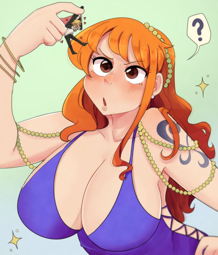 Nami holds a tiny Sanji above her head in confusion, tiny Sanji is googling over the oversized crew mate 