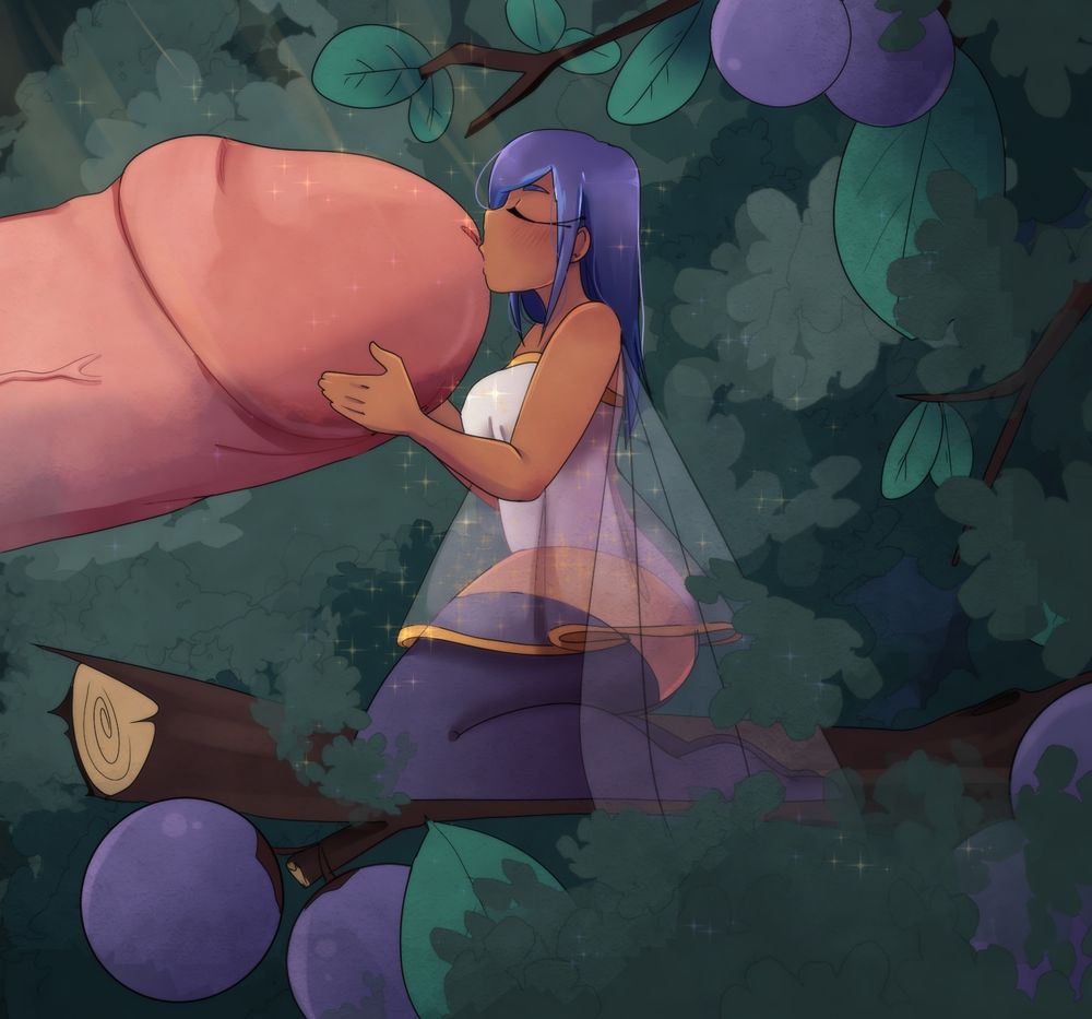 a fairy is seen sitting on a tiny branch of a berry bush holding and kissing the head of a giant dickhead