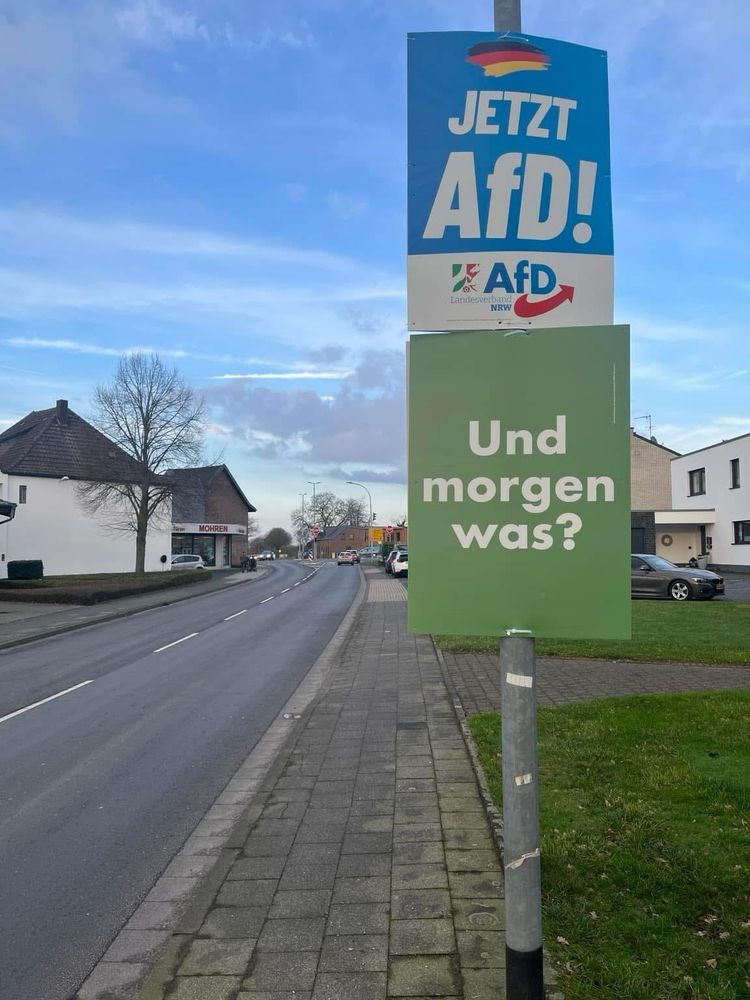 Zwei Plakate an einem Laternenpfahl. 
Das obere ist ein AfD Plakat mit der Aufschrift: Jetzt AfD! 
Das untere ist uni Grün mit der weißen Aufschrift: Und morgen was? 

Quelle und Foto: Facebook Account von Thomas Dornseifer 
