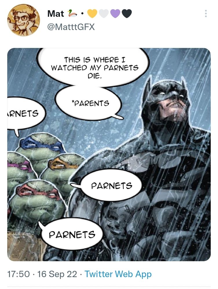 Batman looks into a rainy sky. He says "This is where I watched my parnets die." A second speech bubble says "*Parents." Behind him, the Teenage Mutant Turtles each say "Parnets", "Parnets", "Parnets".