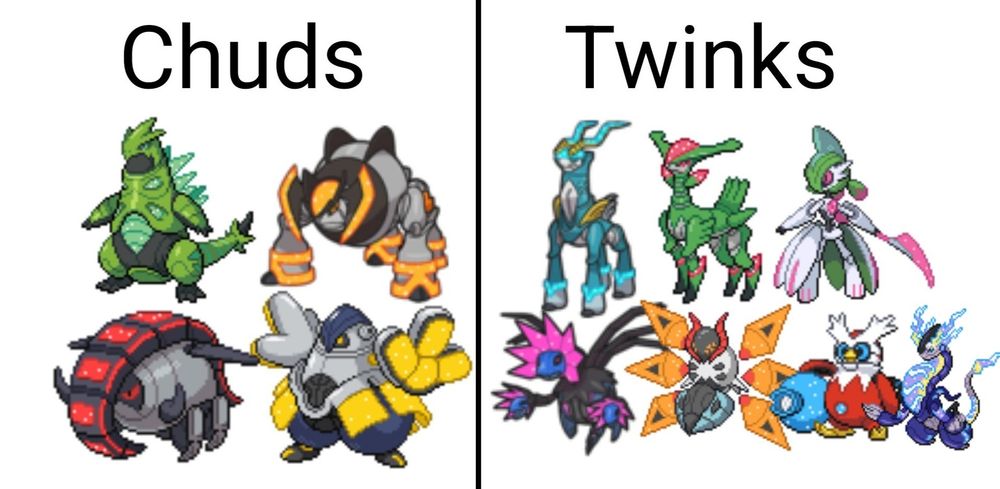 A meme where iron thorns, iron boulder, iron treads and iron hands are classified as "chuds", and iron crown, iron leaves, iron valiant, iron jugulis, iron moth, iron bundle and miraidon are labelled "twinks"