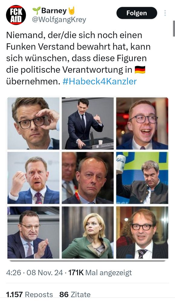 Twitter-Beitrag von @WolfgangKrey: "Niemand, der/die sich noch einen Funken Verstand bewahrt hat, kann sich wünschen, dass diese Figuren die politische Verantwortung in Deutschland übernehmen #Habeck4Kanzler" 