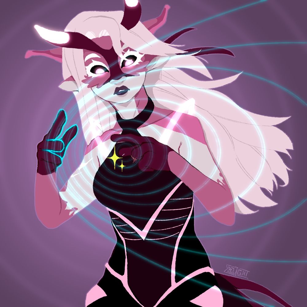 An illustration of a pink bioluminescent aquatic looking alien in a form fitting black outfit. She is looking down in surprise at her hand, and the soundwaves reverberating off of it after she snapped her finger. Her other hand is glowing blue as the sound waves bend away from it.  
