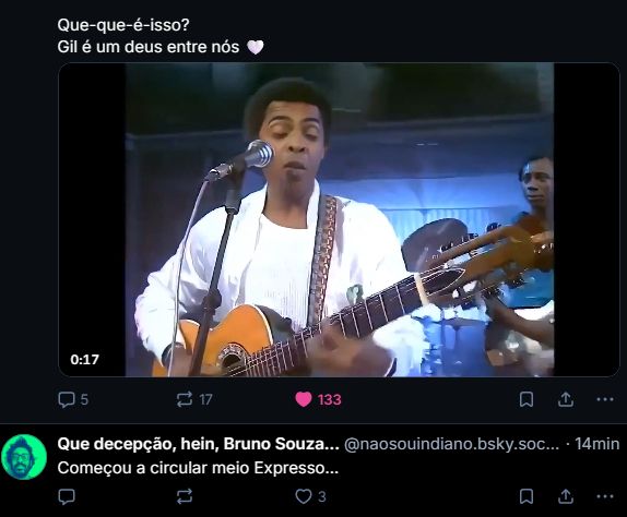 imagem da timeline - no post acima um vídeo do Gilberto gil tocando violão e escrito "Gil é um deus entre nós"

abaixo, um post escrito "começou a circular meio Expresso"