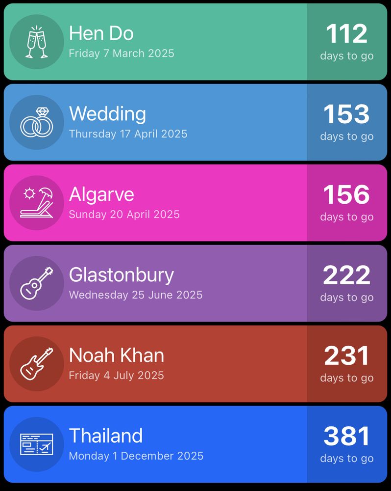 Screen shot of countdown app highlighting my wedding date, festivals and holidays 
