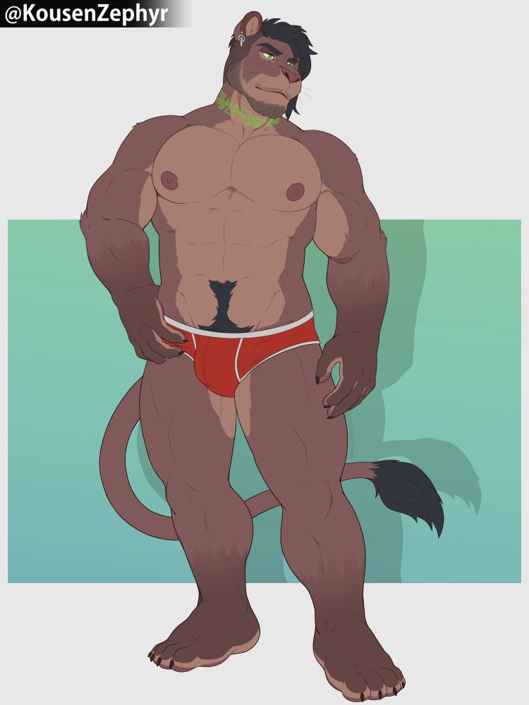 Lion with chocolatey tone fur, and a lighter coloured mid section standing in a pair of red briefs. 
