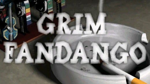 Logo de Grim Fandango, detrás se ve un cenicero con un cigarro encendido, humeando, y al lado cuatro figuritas de esqueletos.
