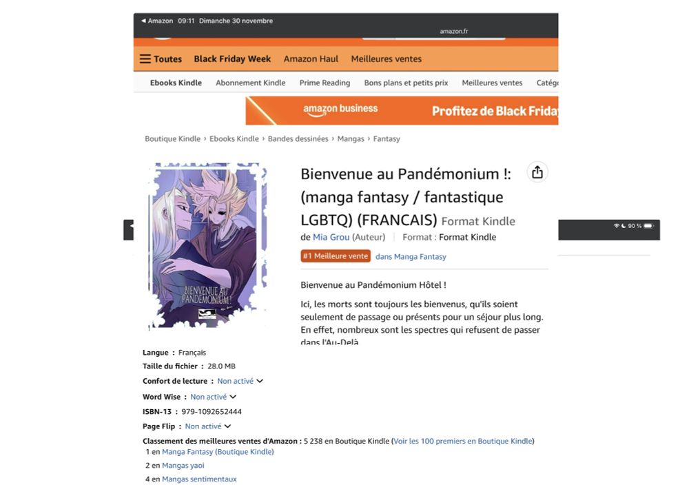 Page Amazon: un livre avec un badge orange indiquant le statut du livre. Numéro 1, meilleure vente dans Manga Fantasy. Le classement du livre indique qu'il est numéro 1 dans manga fantasy (boutique kindle), numéro 2 dans yaoi, numéro 4 dans Mangas sentimentaux

Amazon Page showing a number 1 best selling book with an orange badge. In the amazon best selling ranks, the book is ranked 1 in manga fantasy, 2 in manga yaoi and 4 in sentimental mangas.