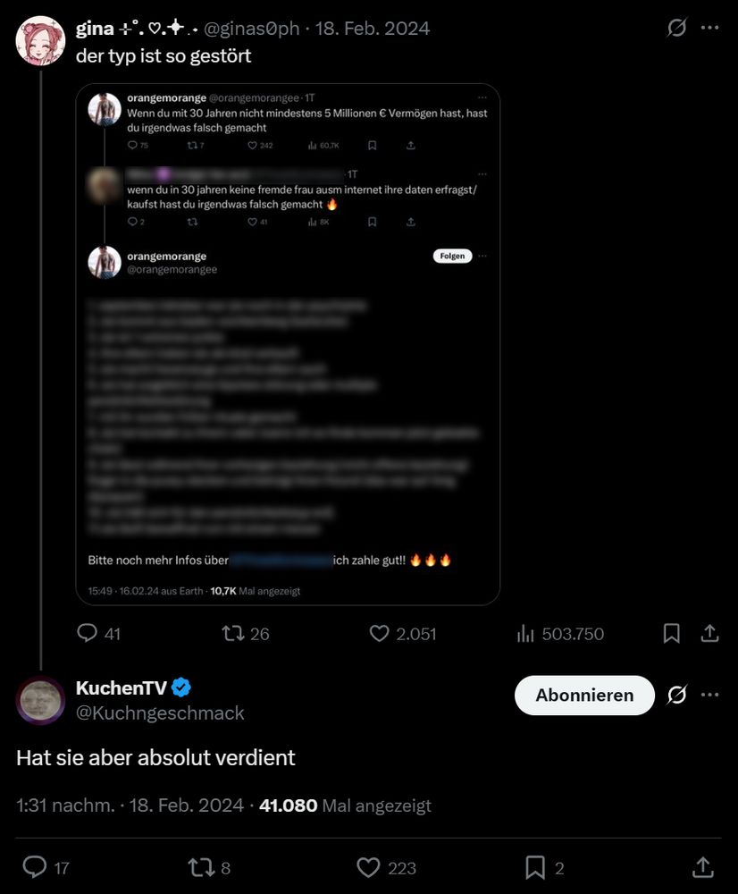 Tweet, der das Doxxing intimer Daten einer Userin durch Orangemorange zeigt. Kommentar KuchenTV: "Hat sie aber absolut verdient" 18.2.2024