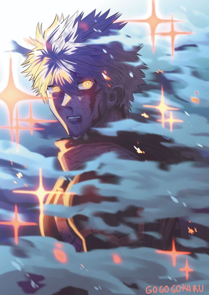Bakugo from "My hero Academia" staring at the camera with a serious expression. He is surrounded by blue smoke and orange sparkles.