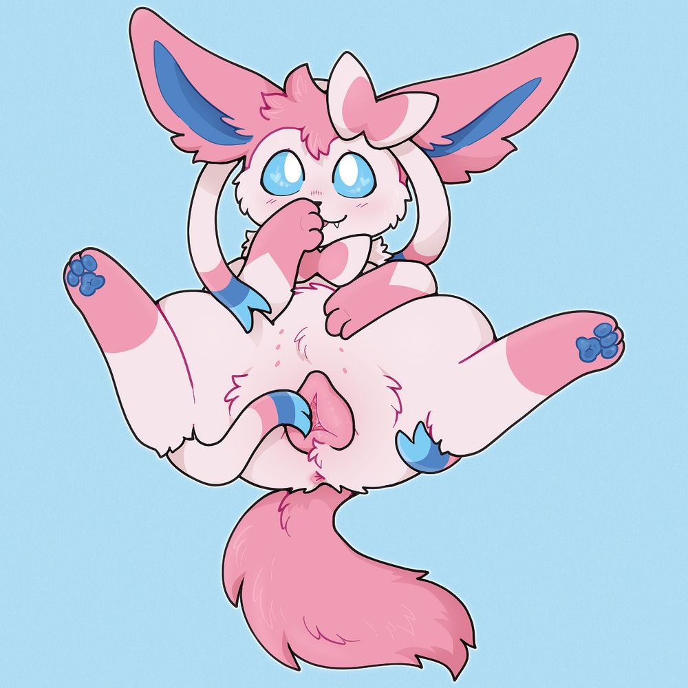 The Pokemon Sylveon (a white and pink fox-like creature with multiple ribbons) sitting back and spreading open her canine pussy.