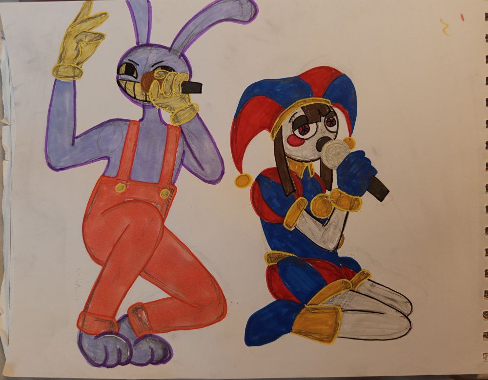Drawing of Jax and Pomni, personnages de The Amazing Digital Circus, singing. Jax is a purple rabbit with an orange overall and a huge smile. Pomni is a blue, red and yellow jester.