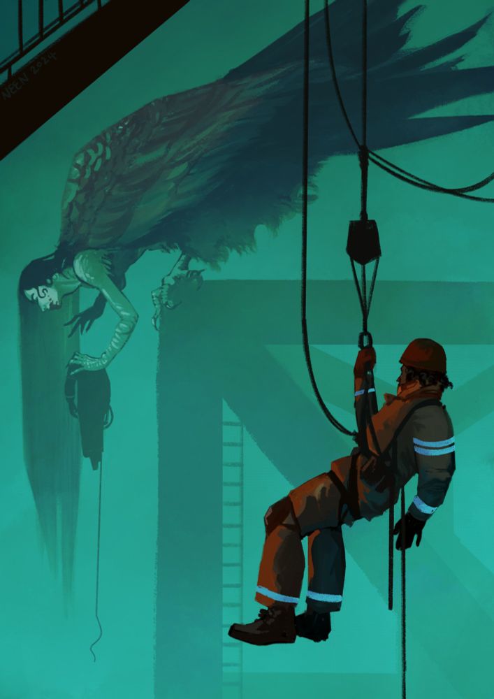 [ID: a digital painting depicting an
oil rig worker suspended by a harness and rope from a support beam, wearing a hard hat and reflective work gear. The worker looks off into the background, where a siren perches on a metal frame. The siren is depicted here as a creature with the upper torso of a woman, her arms taloned and scaled like a bird's claws. Another worker dangles limp in her hand, and blood is smeared across her mouth. The siren's long dark hair hangs down into the mist alongside the dead worker's severed rope. The worker in the foreground is in focus and drawn in muted oranges, and the rest of the artwork is done in shades of teal. End description. ]