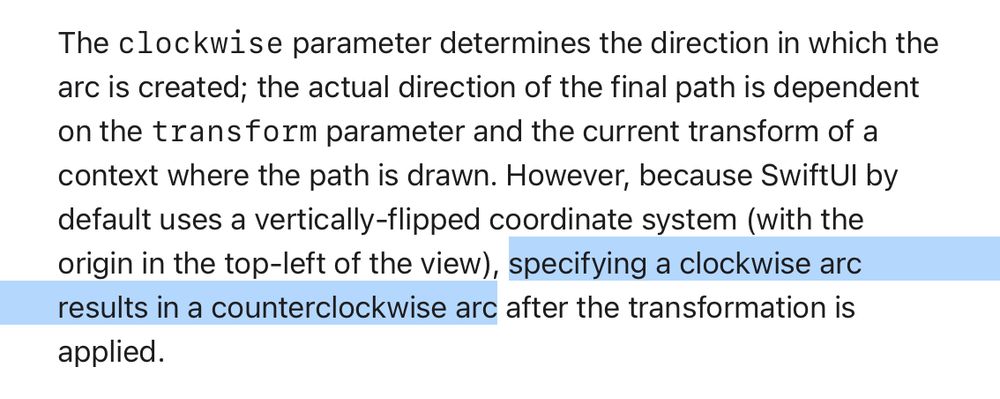 Apple documentation:

“…specifying a clockwise arc results in a counterclockwise arc”