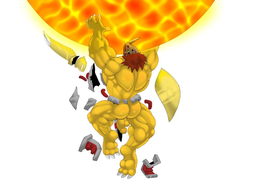 WarGreymon summoning up such a huge Terra Force that it blasted all of his armor off.