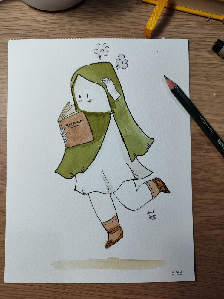 Un fantasma con capa verde muy agobiado estudiando historia 