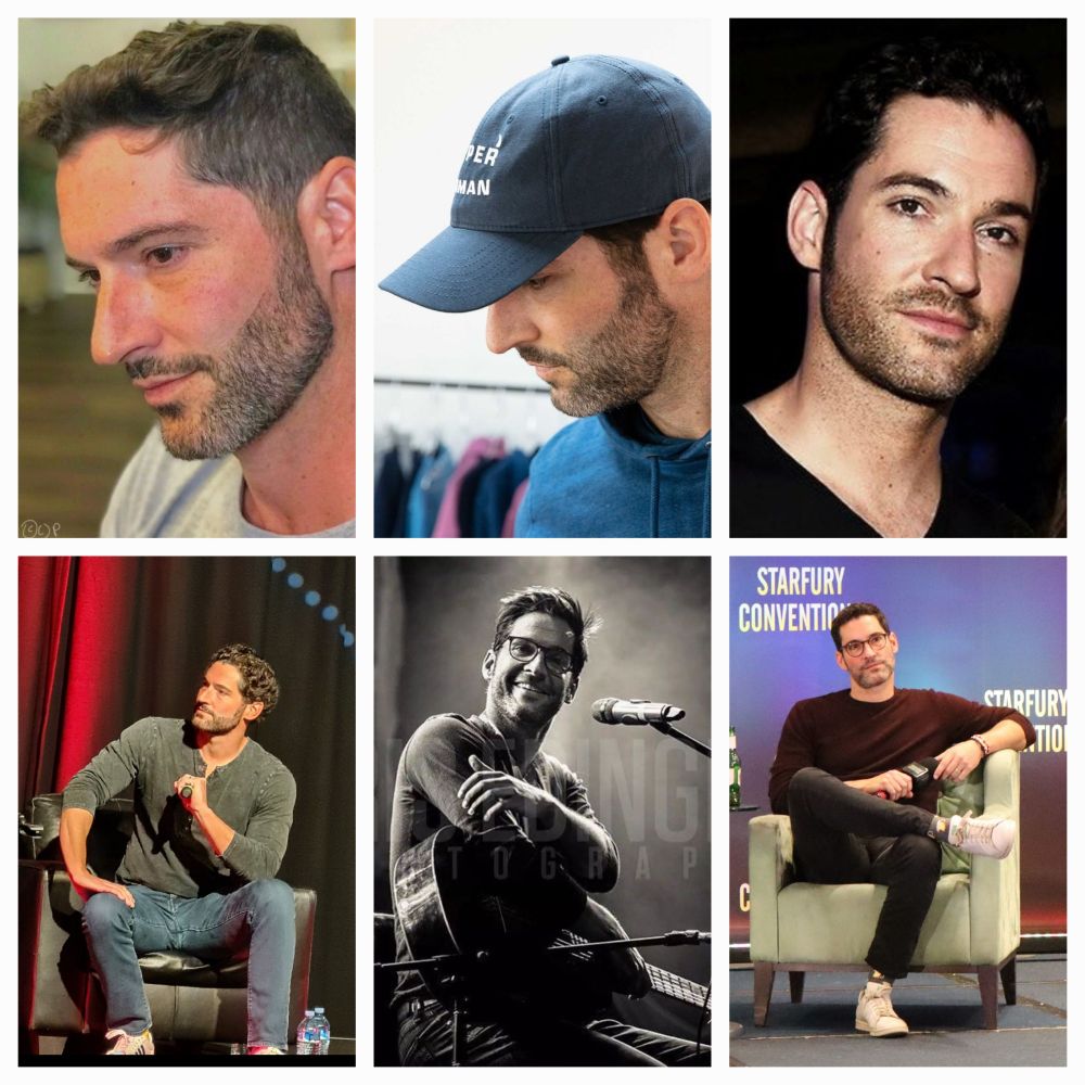 A collage of 6 photos of casually dressed Tom Ellis at different events.