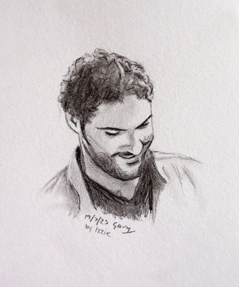 Pencil sketch of Tom as Gary Preston. He's looking down, trying to hide his laugh from the camera.