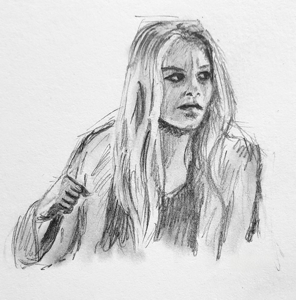 Rough pencil sketch of Chloe Decker, fist clenched and staring angrily off to the right.