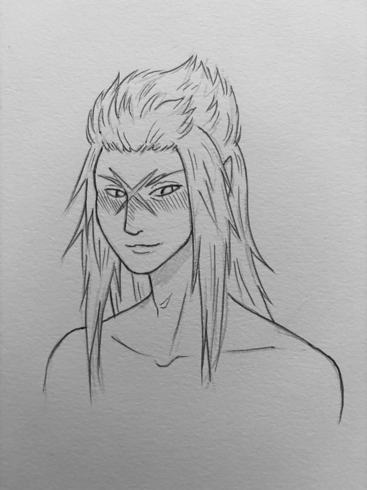 A black and white bust sketch of Isa from the Kingdom Hearts video game franchise. He is a feminine man with pointed ears, long, spiky hair, and an X shaped scar between his eyes. In this drawing we can only see his head and shoulders, but he appears to be shirtless (which may be due to the artist, me, not wanting to draw his clothes).