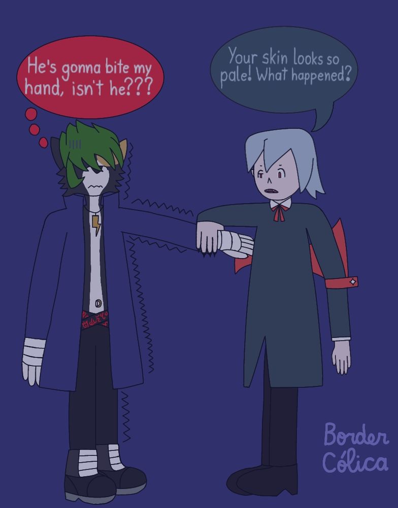 A three-colored border collie as Ash from Pop'n Music with Yuli (Also from Pop'n Music)