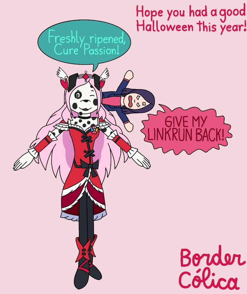 A dalmatian as Cure Passion from Fresh Pretty Cure! With Setsuna (The person behind this specific Cure) chasing her to make the dog give her transformation device back.