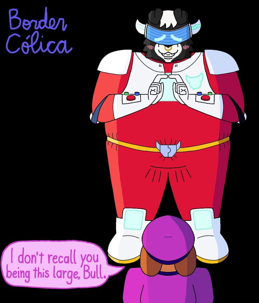 An overweight Border Collie trying to convince Coronel Ruffs from Brawl Stars that he's Bull (also from BS), blushing of embarassment as Ruffs calls his body shape out
