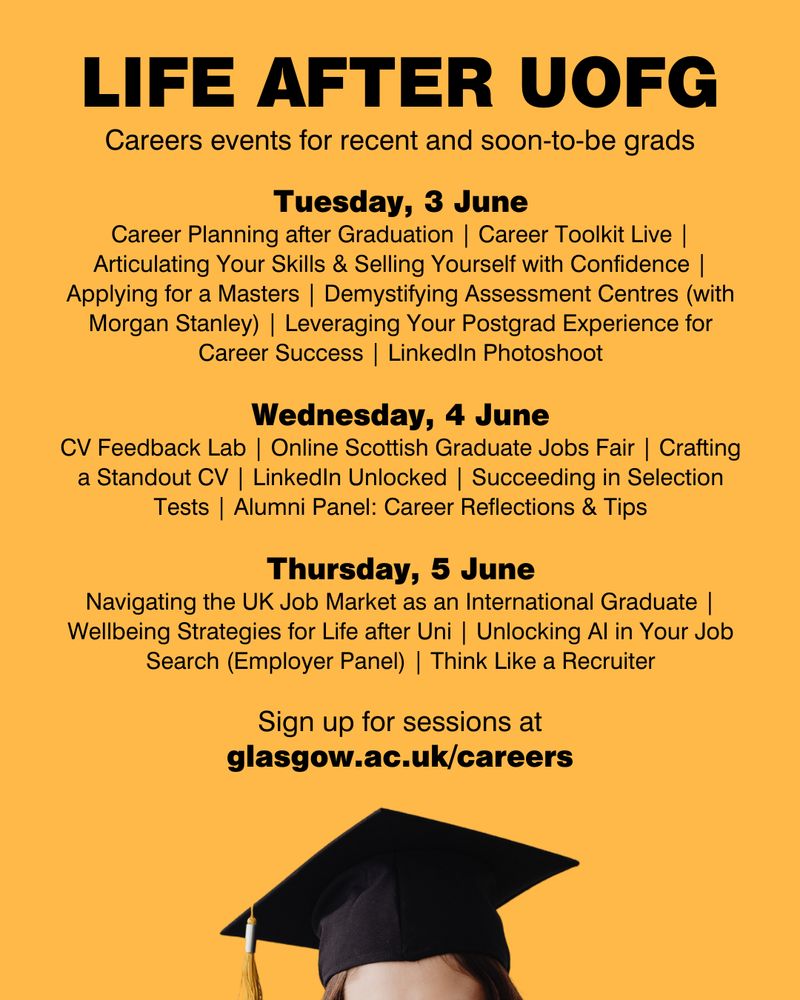 Top of head of graduate wearing mortar board with programme of Life After UofG 2025