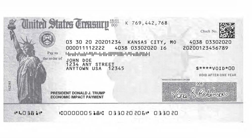 A mock up of one of the Covid-era stimulus check that contained former President Donald Trump’s name in the memo line. 