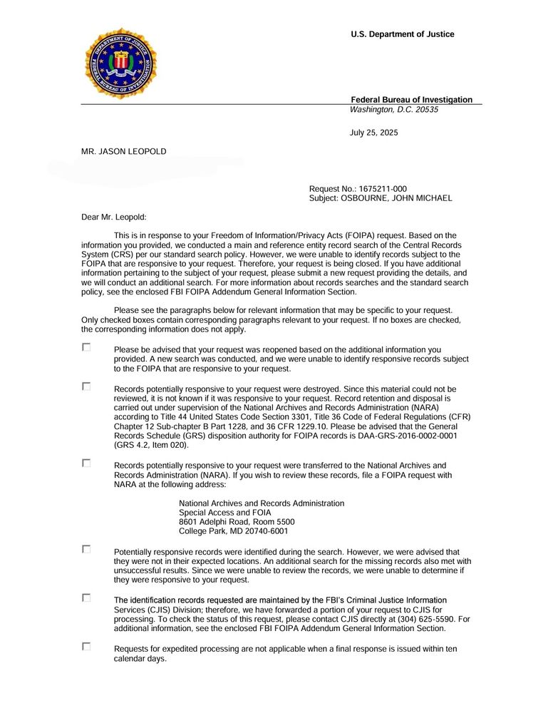 Response from the FBI to my Freedom of Information Act request on whether the bureau has any records on Ozzy osbourne. The FBI responded saying they conducted a search and no responsive records could be found. 