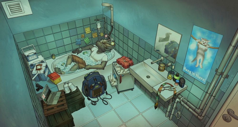 An anthropomorphic goat lies unconscious in a bathtub filled with ice in a teal-tiled bathroom. They wear a white shirt and brown shorts, with curved goat horns, floppy ears. Electrodes and wires are strewn about around a AED backpack. An improvised IV drip hangs from the side of the tub, connected to his right hand, and a beer can sits on the tub’s edge. More beer cans are seen around the ice.. The goat's expression is dazed, eyes half-lidded, and their posture limp, hinting at exhaustion.

The bathroom is cluttered with military gear and medical tools. Post-it notes are stuck to the tiled wall near the goat’s head, reading: “CUT BACK ON BOOZE,” “STITCH MY OLD WOUNDS,” "TRIM YOUR CLAWS", "CLEAN THE FISH TANK," "DON"T DIE," WAX THE HORNS." and “CALL MOM.” To the left, a stack of coolers labeled "HEART" and "LEFT LUNG" sits near a biohazard container and a stim gun. A red first-aid kit marked "DO NO HARM" rests beside the tub on a surgical cart, along with pliers, gauze, and scissors.

Near the tub lies a pair of ice bags, sat above a military crate. A laptop has spotify booted up, reading “PINK FLOYD: THE WALL - Comfortably Numb" as the song currently on. It rests over a palette on top of the crates. To the right, a sink is cluttered with hygiene products, including wax and glue for goat horn maintenance. A colorful tie rests underneath a pair of shears!


Above the sink is a mirror and a poster, showing a kitten clinging onto a rope with the caption “Hang in there!” There are exposed pipes that run along the sink, where a pair of handcuffs rests, and there's a door next to it at the corner of the piece.

By the door, my watermark reads: "Dunetides"