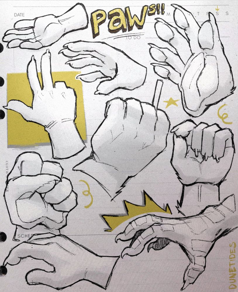 a bunch of hand paw drawings, in the top middle is stylized text that says "PAWS!!", and on the bottom right is my watermark, saying: "Dunetides"

The drawing is made on top of a planner, but everything is done digitally.