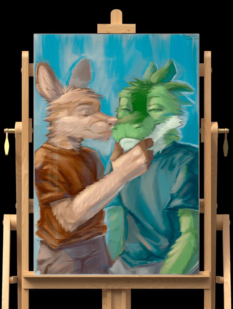 a painting of my sona, an orange deer, kissing my boyfriend, a green pond dragon! The canvas is set on an easel!!
