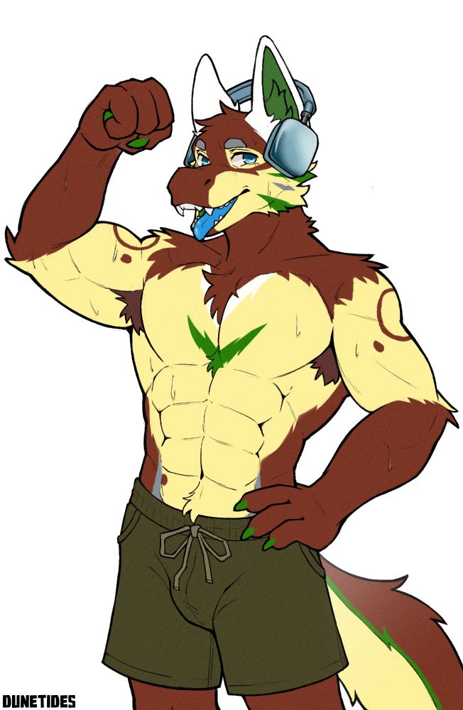 A muscular brown and cream furred dinodog flexing confidently at the viewer. They showcase a muscular physique wiht defined abs, they have a confident, playful expression with a blue tongue sticking out. Large headphones go behind his tall, pointed ears. They have green claws and a green marking on their chest. They're also wearing olive drawstring shorts.