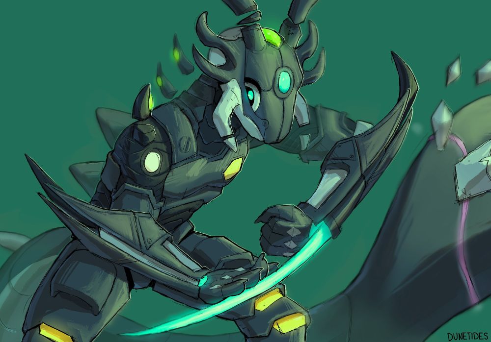 A construct kobold! Krim is crouched over with his tail somewhat curled around behind him. He's got one blade coming out of his arm, his other hand is touching the blade, gliding on the underside of it, he's got cool spines all around his body, some are infused with all sorts of gems.

(He is very cool!)