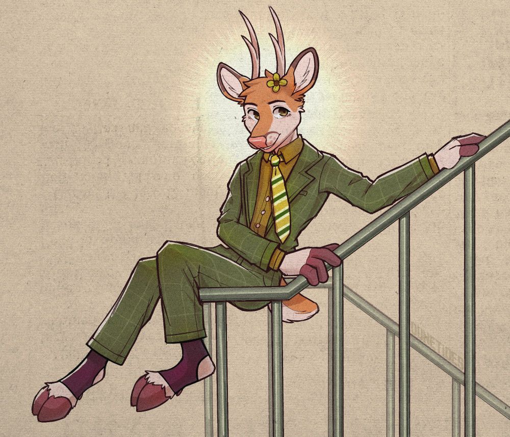 A drawing of my deer fursona, Digby! He's sat on the loop of a staircase railing, both hands holding onto it. while his hooves are dangling off to the left. He's wearing a nice green suit with a pattern on it, as well as a dark yellow dress shirt and a yellow/green patterned tie. He's got antlers pokin' up and a flower tucked on his ear!