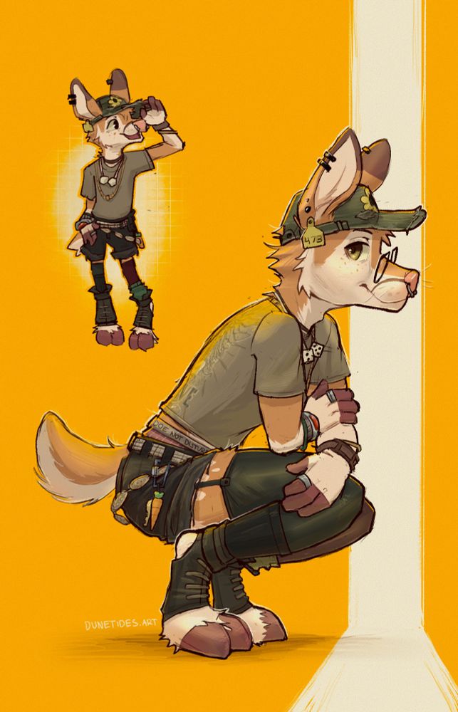 my fursona, Digby, crouched and looking at the viewer! he's wearing a tee, some short shorts, socks, and some hold ups. He's got some fun lil accessories going on, a belt around the belt loop, and one hanging off, a carabiner with a key and a tiny carrot on it, and necklaces (one of which is a fuzzy dice one!) and some piercings on his nose and ears, including a deer ear tag. he's also wearing glasses and a distresed hat with a sunflower on the front!

there's also a chibi digby on the top left, standin' and lookin' upwards!
