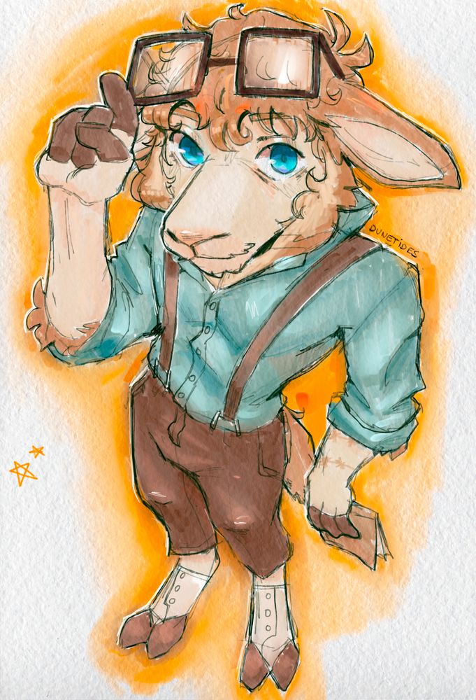 a brown alpaca lifting his glasses up, he's wearing a blue polo, brown pants and suspenders fixed to it. He also has a book on one hand