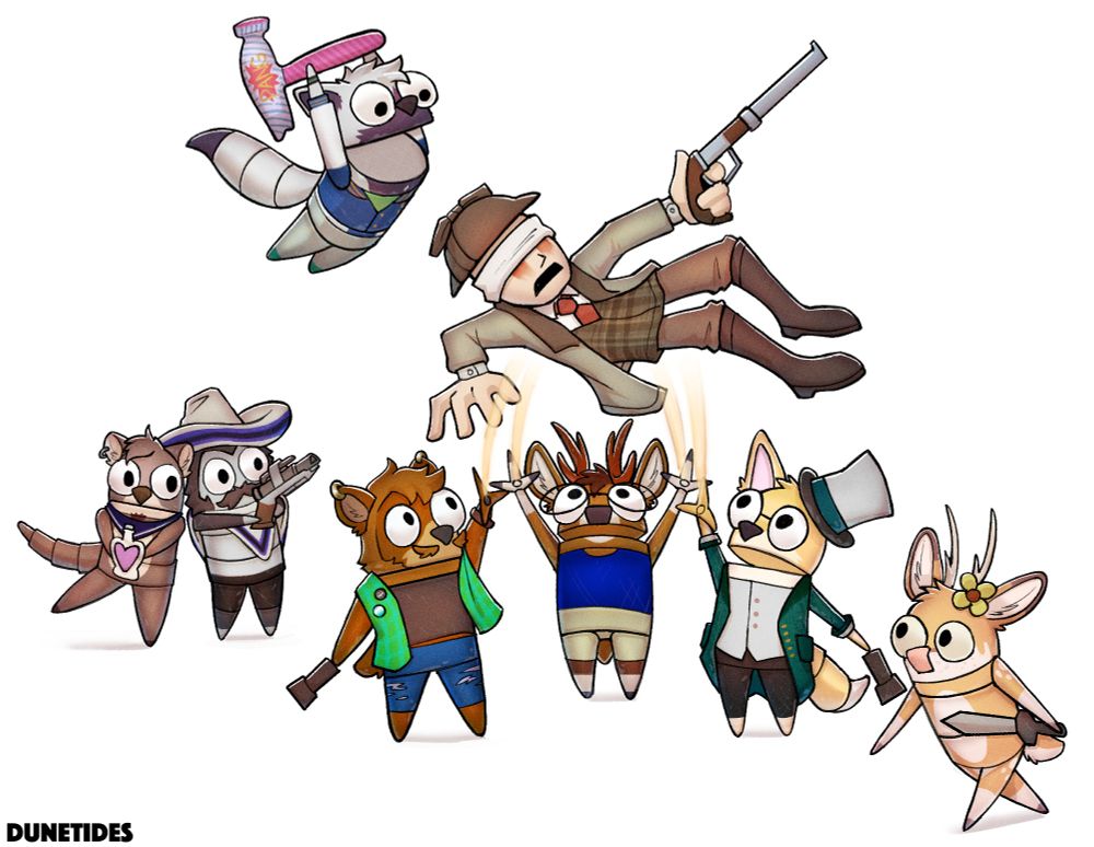 A group of animal semibots gang up on the huntsman, two with a sword and a hammer, ready to strike down the huntsman, three holding them up, another aiming his tranq gun steadily, while another is lovingly holding a love potion next to their loved one!

Clockwise, starting from the top is: Castor, Digby, Neku, Sleepybuck, Kian, Surge, and Lasy!
