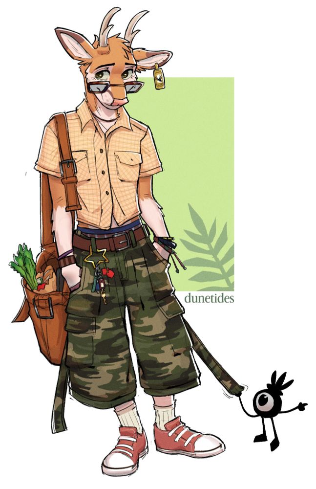 A deer (my fursona, Digby) leaning on an invisible wall. He's wearing a light yellow plaid shirt, camo jorts, and red shoes. There's a little Patapon tugging at his jorts!

He has a large open leather bag filled with groceries and a laptop. On the belt loop of his jorts, he has a star carabiner filled with many little knick-knacks. he's also wearing lots off bracelets, glasses, and a deer tag.