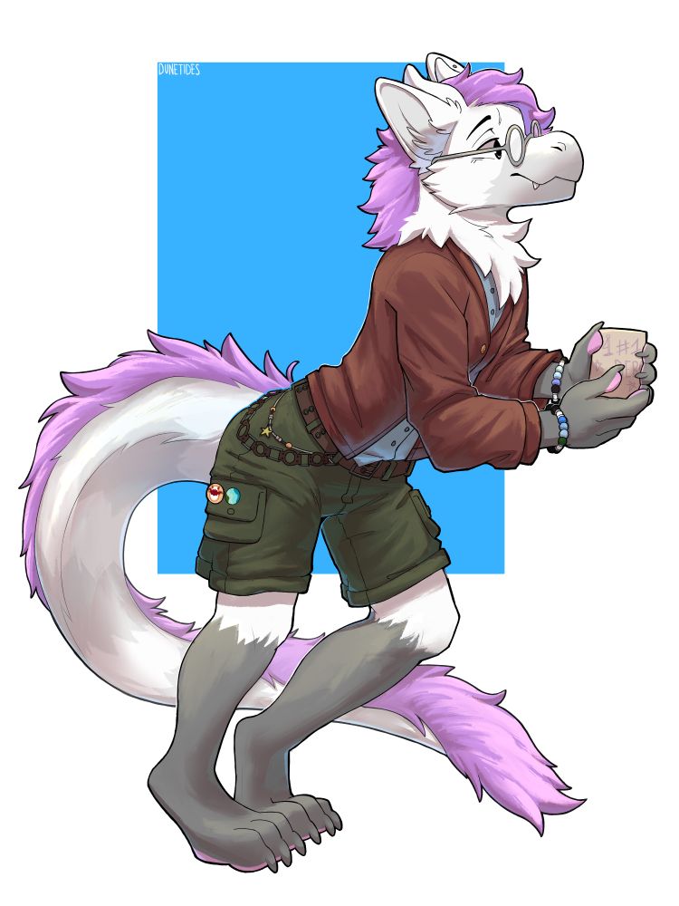 A white dragon with a pink mane leaning on an invisible counter! They have a red cardigan, a pale blue button up, brown belt, lil accessories hanging around the hip, some pin buttons by his pocket, and bracelets on their wrists. They're holding a mug that says #1 Derg. They have a tail that curls around to their left.