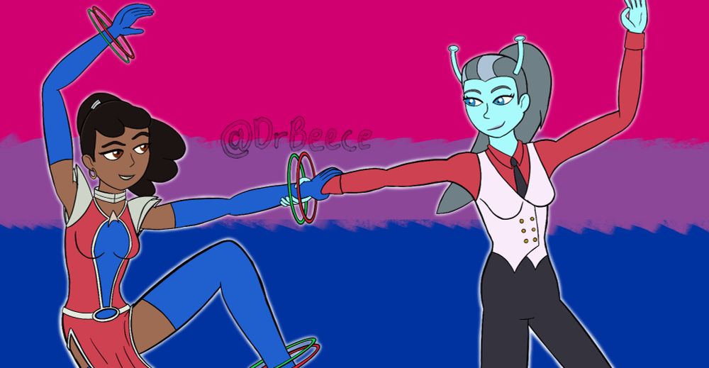 An illustration of Mariner and Jennifer of Star Treck lower decks engaged in some spicy ballroom dancing. Mariner is wearing a sci-fi pop-art dress, complete with rings floating about her wrists. Jennifer is wearing an ivory waistcoat. The background is the bisexual pride flag.
