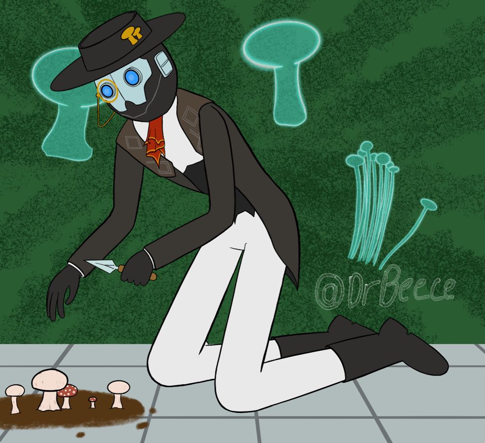 A person of indetermine gender wearing a suit and black gloves kneeling on a metallic floor. The suit includes a wide-brimmed hat, a red ascot and black gloves. They're wearing a robotic mask and golden monocle. They're holding a trowel and tending to a small pack of mushrooms in small pile of dirt on the floor. More ghostly mushrooms hover him the background.