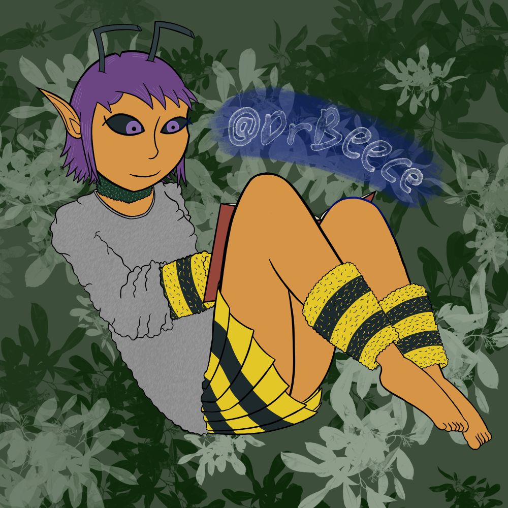 A bee faerie reading a book on her knees.