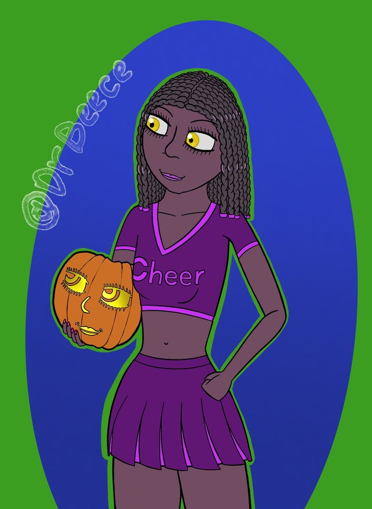 An African woman with hair in braids, looking smug to her right. She is wearing a purple cheerleader outfit (complete with "Cheer" written across her chest), and holding a pumpkins carved with her own likeness, also looking to her right.