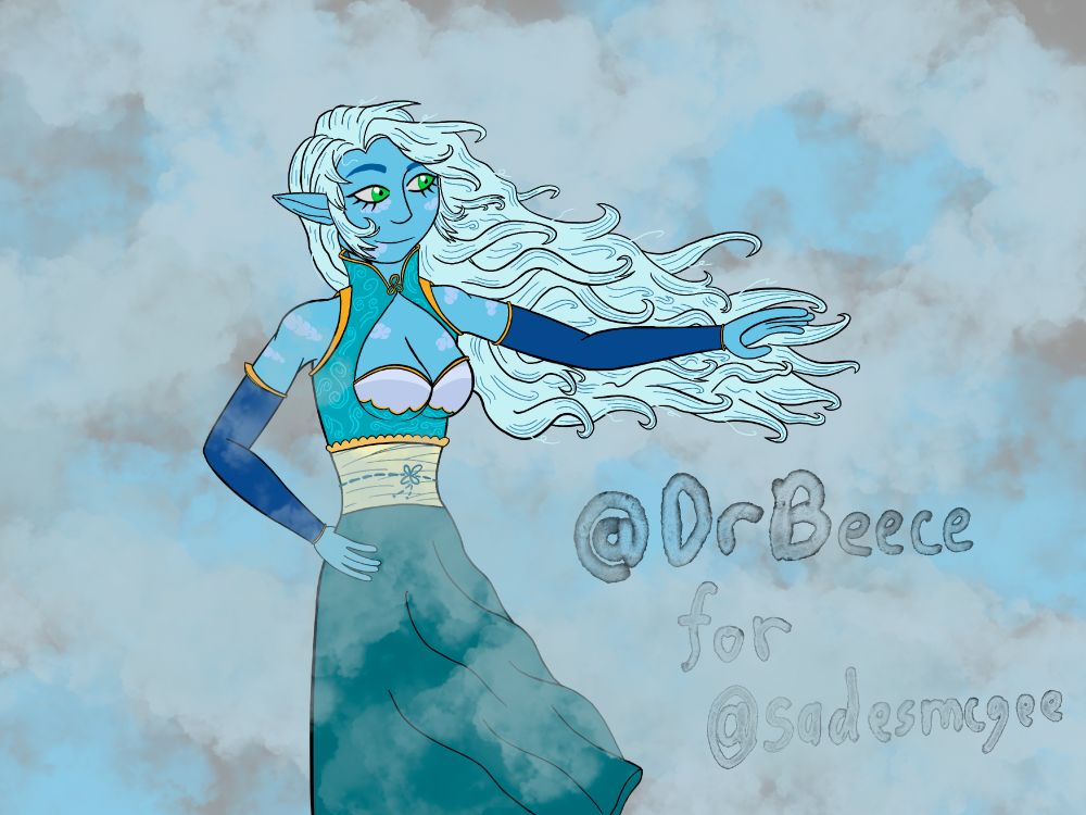 A blue-skined woman with long, pale blue hair. She's wearing a blue-green top with a large boob window, a wide white belt, and a long skirt. She's extending one arm, causing a breeze. The background is full of mists.