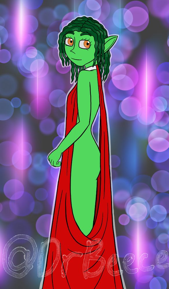 A goblin woman with wavy green hair in a red version of the dress, showing off some side-butt.