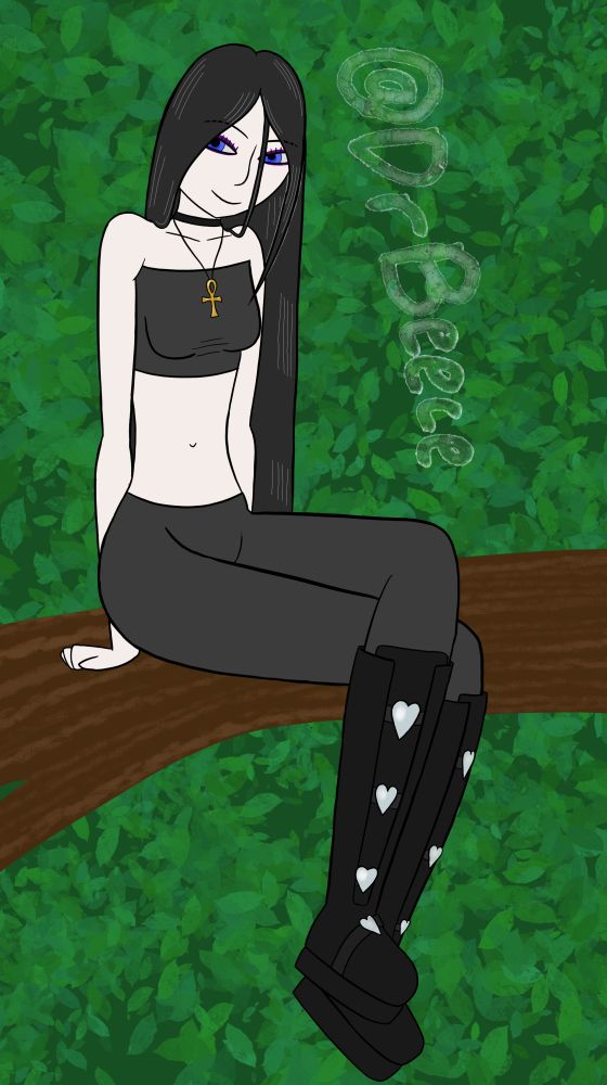 A goth girl with long, black hair and a golden ankh, wearing leggings and tube top, and large boots with heart shaped buckles. She is sitting on branch in front of field of trees.